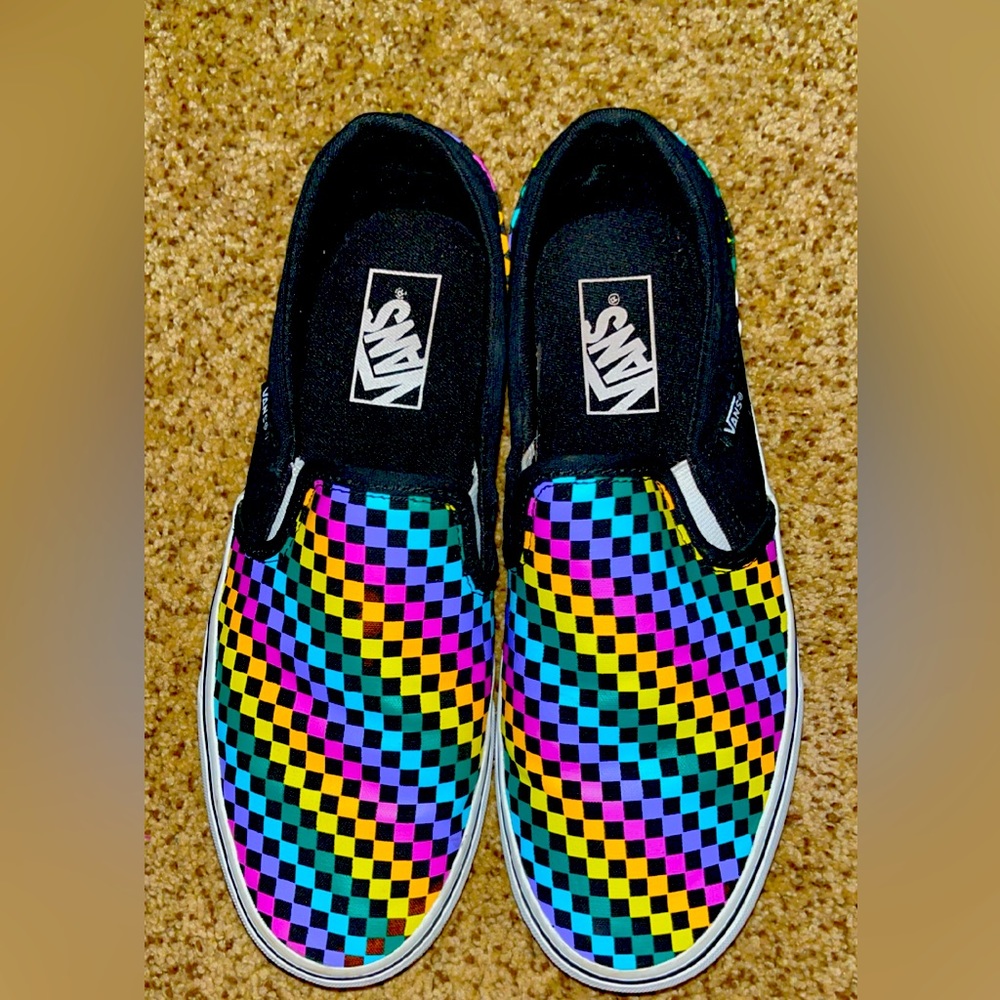 Womens New Vans Asher Rainbow Mini Check Slip On Skate Shoes